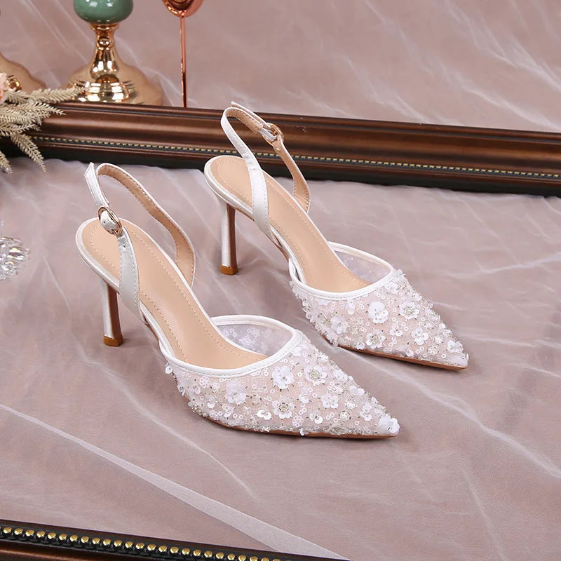 Size 34-42 2025 Summer Beaded High Heel Wedding Shoes Women Lace Mesh Party Dress Shoes