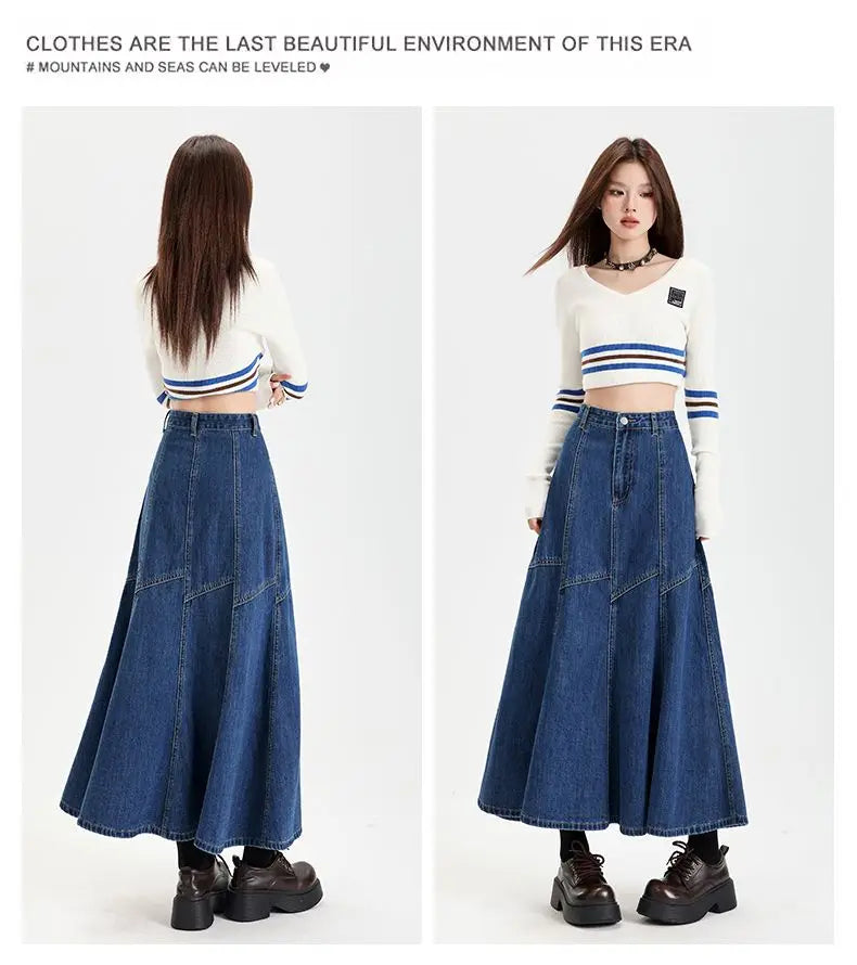 Women Blue A-line Denim Skirt Vintage Aesthetic Y2k Patchwork New Jean Skirt Harajuku Korean Cowboy Skirts 2000s Clothes Summer