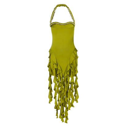 Elegant Halter Solid Ruffles Backless Taseel Sexy Slim Mini Dress Spring Women Cute Outfits Birthday Party Vacation