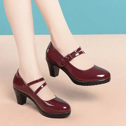 women fashion round toe buckle strap patent leather office high heel shoes lady classic wine red shoes  ba05