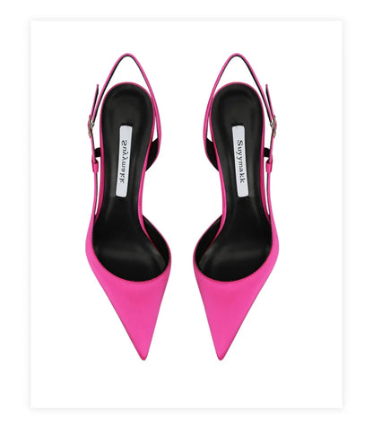 Sandálias femininas de cetim vermelho-rosado com tira traseira, fivela tripla, salto fino e estilo europeu e americano sexy, sapato único