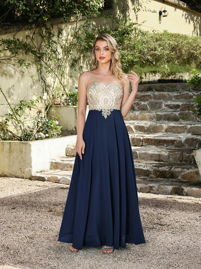 Elegant Sweetheart Prom Dress with Gold Embroidered Bodice & Flowing Chiffon Skirt for Homecoming & Formal Events