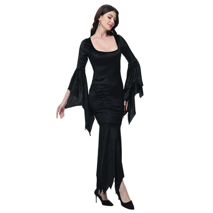 Halloween Morticia Adams Primate Black Adams Family Dress Retro Gothic Flared Sleeve Fishtail Dress Vestido