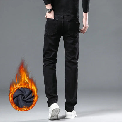 Winter Men Black Straight Stretch Denim Thick Velvet Pants Warm Jeans Casual Fleece Line Trousers Male Plus Size