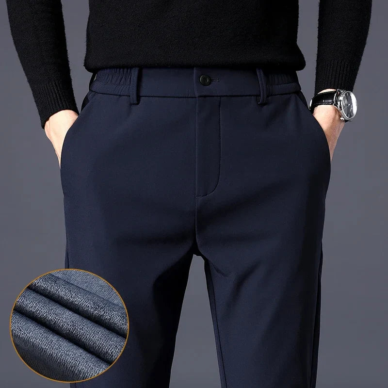 Fleece Pants Thick Men's Winter New Stretch Slim Business Warm Korean Fashion Plush Classic Trousers Male Brand 28-38