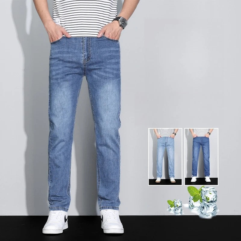 Men's Ice Silk Denim Cargo Pants Summer New Thin Business Casual Jeans Outdoor Y2K All Match Slim Fit Straight Elastic Jean Male