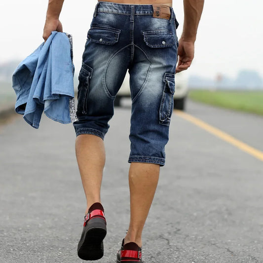Vintage Men's Fashion Cargo Denim Shorts With Multi Pockets Slim Fit Military Jeans Shorts For Male Washed