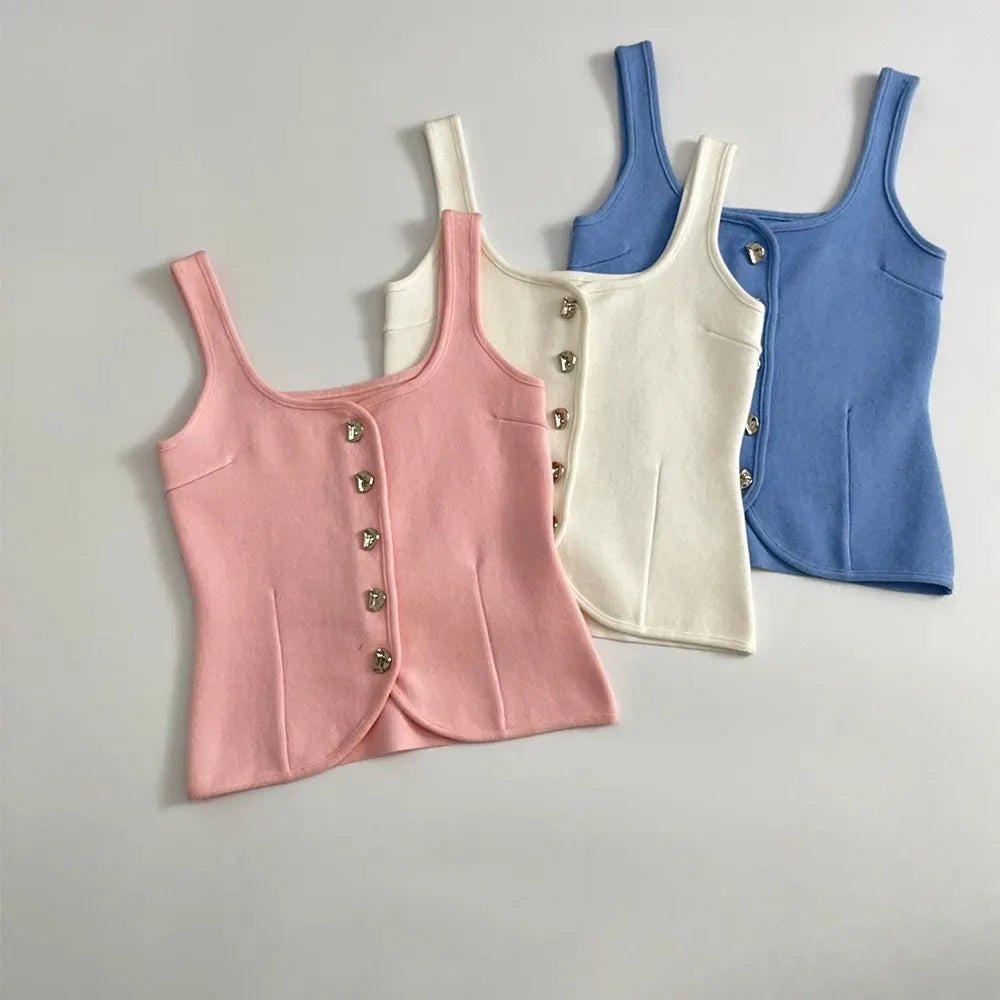 Vintage Casual Chic Yellow Women Cami Tops Solid Single Breasted Sleeveless Vest Fashion 2025 Spring Summer Holiday Tops