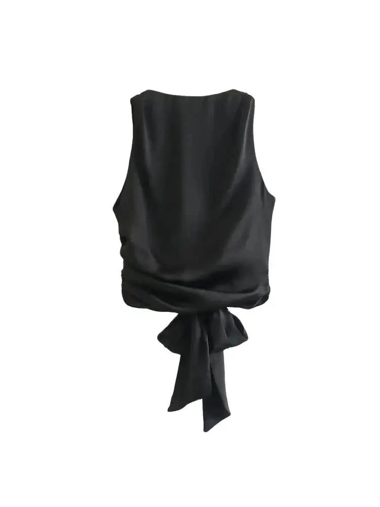 Women Sexy Fashion With Tied Satin Back Open Crop Blouses O Neck Sleeveless Female Shirts Blusas Chic Tops