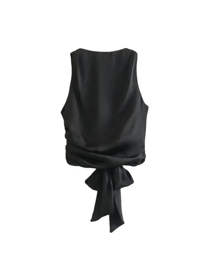 Women Sexy Fashion With Tied Satin Back Open Crop Blouses O Neck Sleeveless Female Shirts Blusas Chic Tops