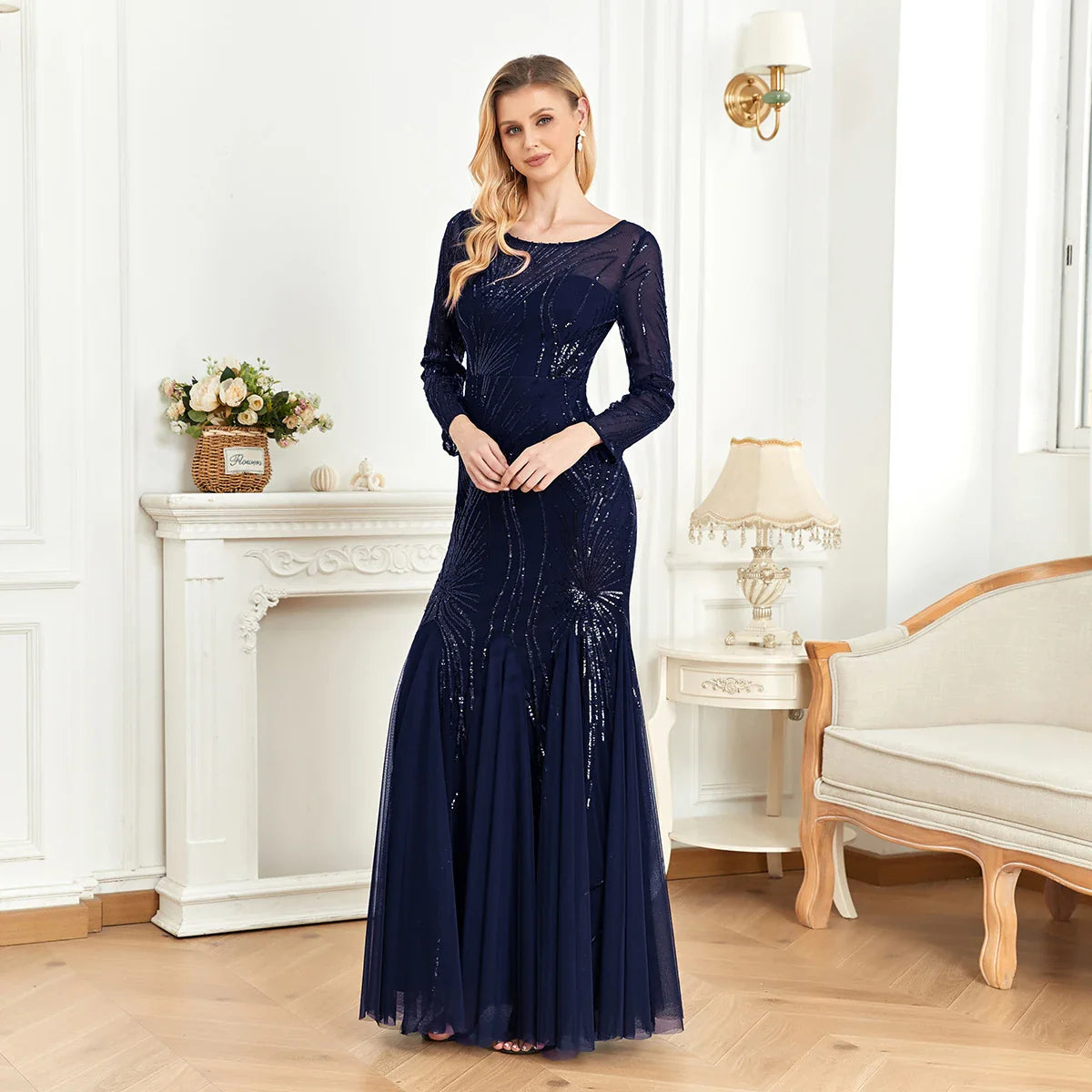 Elegant Long Sleeves Sequin Tulle Evening Dresses 2025 Women Luxury Mermaid Formal Bridesmaid Party Maxi Prom Dress