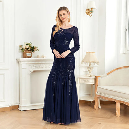 Elegant Long Sleeves Sequin Tulle Evening Dresses 2025 Women Luxury Mermaid Formal Bridesmaid Party Maxi Prom Dress