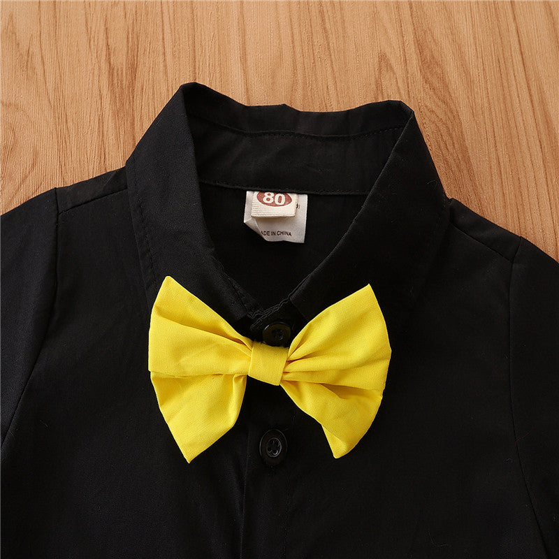 1-5years Toddler Boys Gentleman Suits Summer Short Sleeve Bowtie Lapel Shirt + Bib Shorts Set Kids Boys Summer Casual Sets