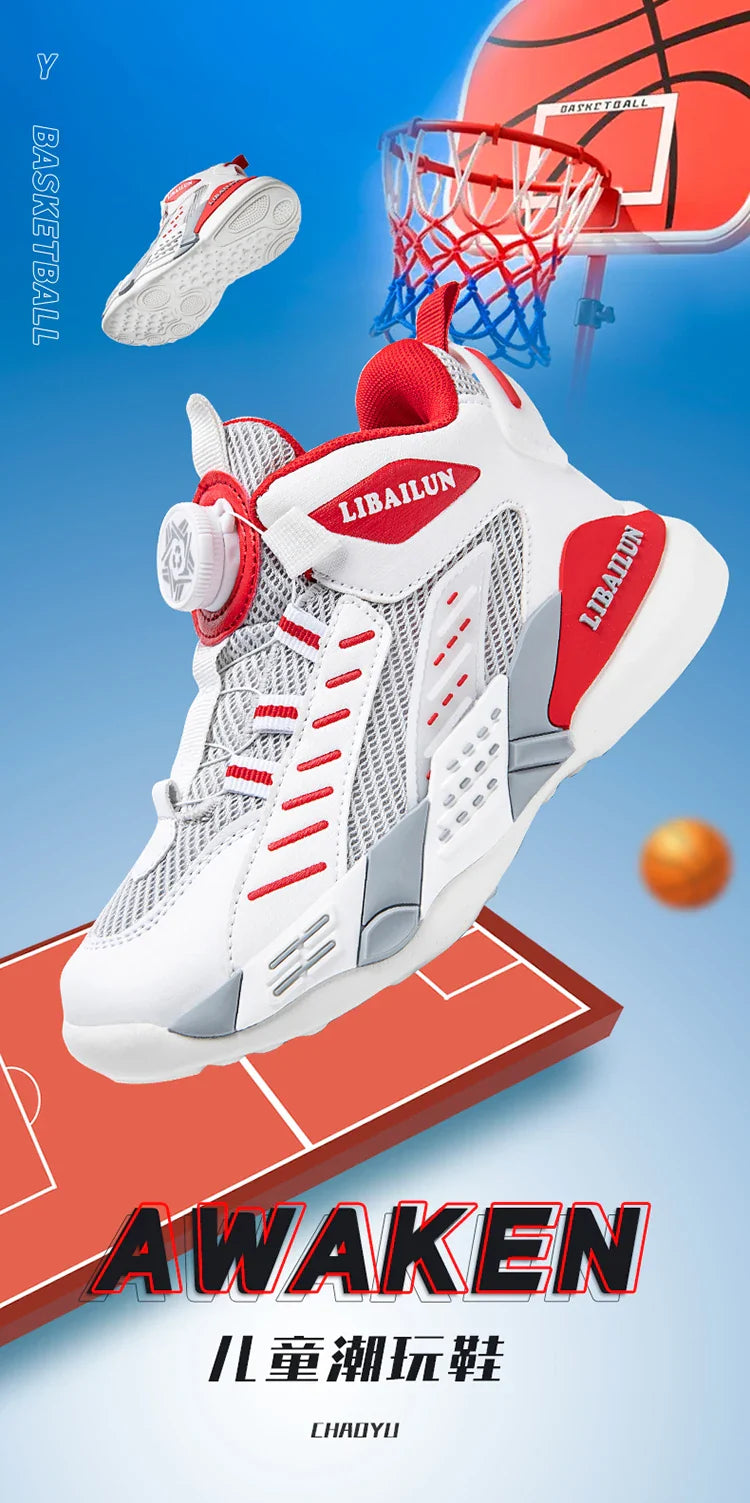 New Children Basketball Shoes Swivel Button Boys Fashion Sneakers Girls School Sport Shoes Kids Casual Trainers Outdoor Shoes
