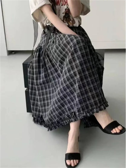 Retro Black Plaid High Waist A-Line Midi Skirt Women's Summer New Korean Fashion Maxi Skirt Lace Trim Umbrella Skirt Streetwear
