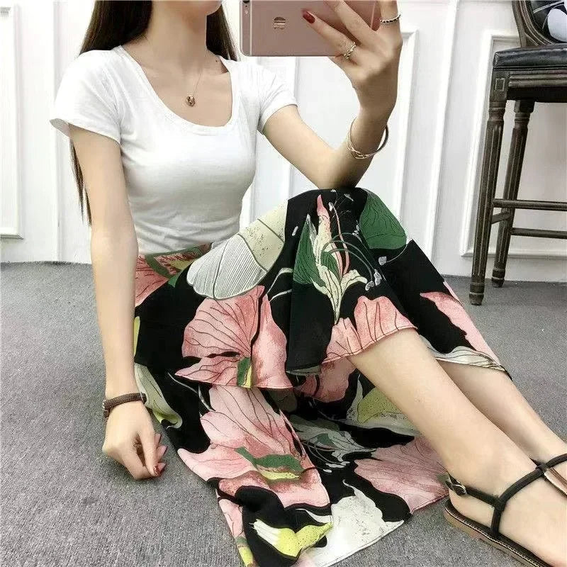 2025 New Women's One-Piece Floral Print Skirt High Waist Wrap Chiffon Beach Dress with Tie Waist Summer Vacation Boho Style
