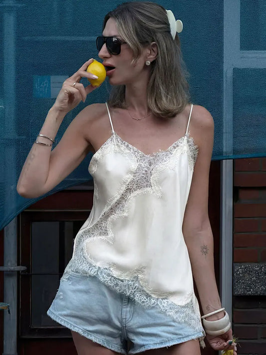Women Fashion Lace Stitching Camisole Asymmetric Hem Sexy Backless Tank Top Summer Trend Lady Club Party Evening Chic Tops