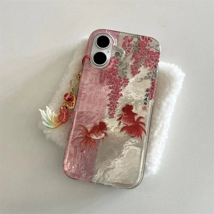 Vortex pattern painted calligraphy flower branch koi phone case with koi pendant for iPhone 11 12 13 14 15 16 17 pro max