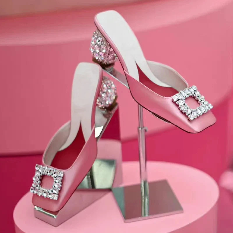 Summer Rhinestone Pumps Women Square Toe Mules Female Crystal High Heels Women Shoes Femmes Chaussures sandalias de las mujeres