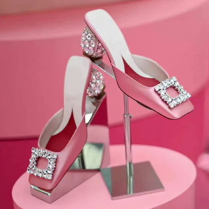 Summer Rhinestone Pumps Women Square Toe Mules Female Crystal High Heels Women Shoes Femmes Chaussures sandalias de las mujeres