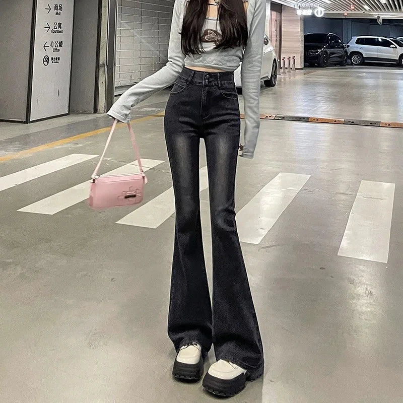Autumn Winter American Sle High Waist Slim Fit Drapey Micro Flared Jeans Women's Premium Denim Pants