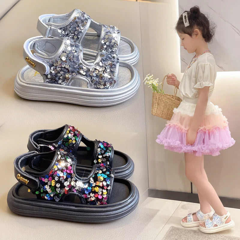 Summer Children's Sandals Sequins Thick Soled Girls Causal Princess Open-toe Sandals Fashion Non-slip Kids Beach Shoes Versatile