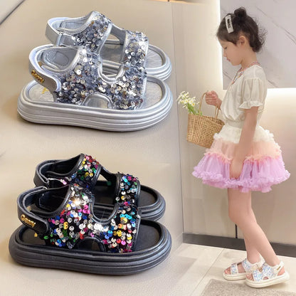 Summer Children's Sandals Sequins Thick Soled Girls Causal Princess Open-toe Sandals Fashion Non-slip Kids Beach Shoes Versatile