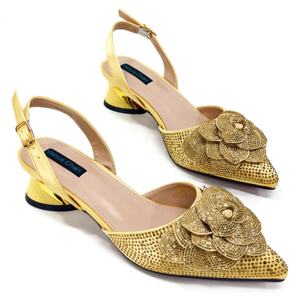 Evening Shoes and Bags Set with Full Diamond Handmade Petal Clutches Pointed Toe Peach Color Mid-Heel Women Shoes