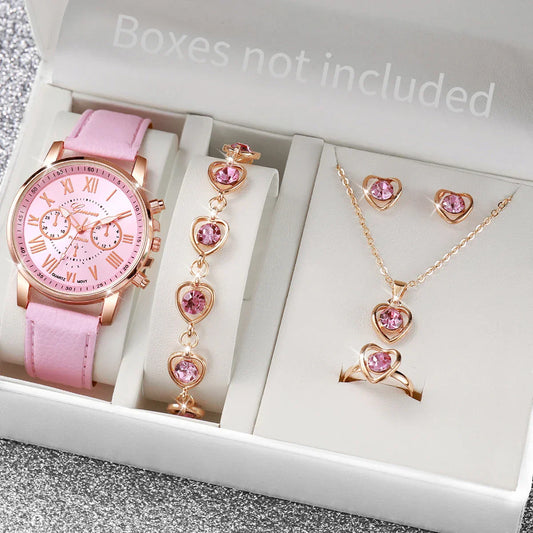 5PCS/Set Fashion Women Watch Rhinestone Heart Jewelry Set Geneva Watch Casual Leather Band Quartz Wristwatch（Without Box）