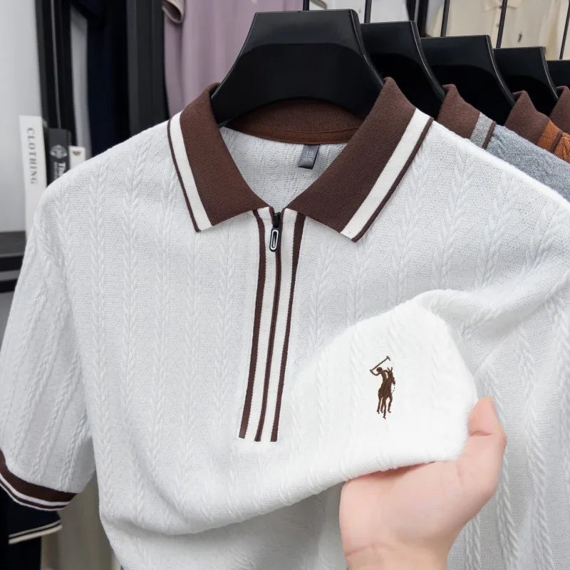 Luxury brand knitted short sleeve polo shirt Paul Pony embroidered stripe design men's T-shirt summer fashion Korean casual top