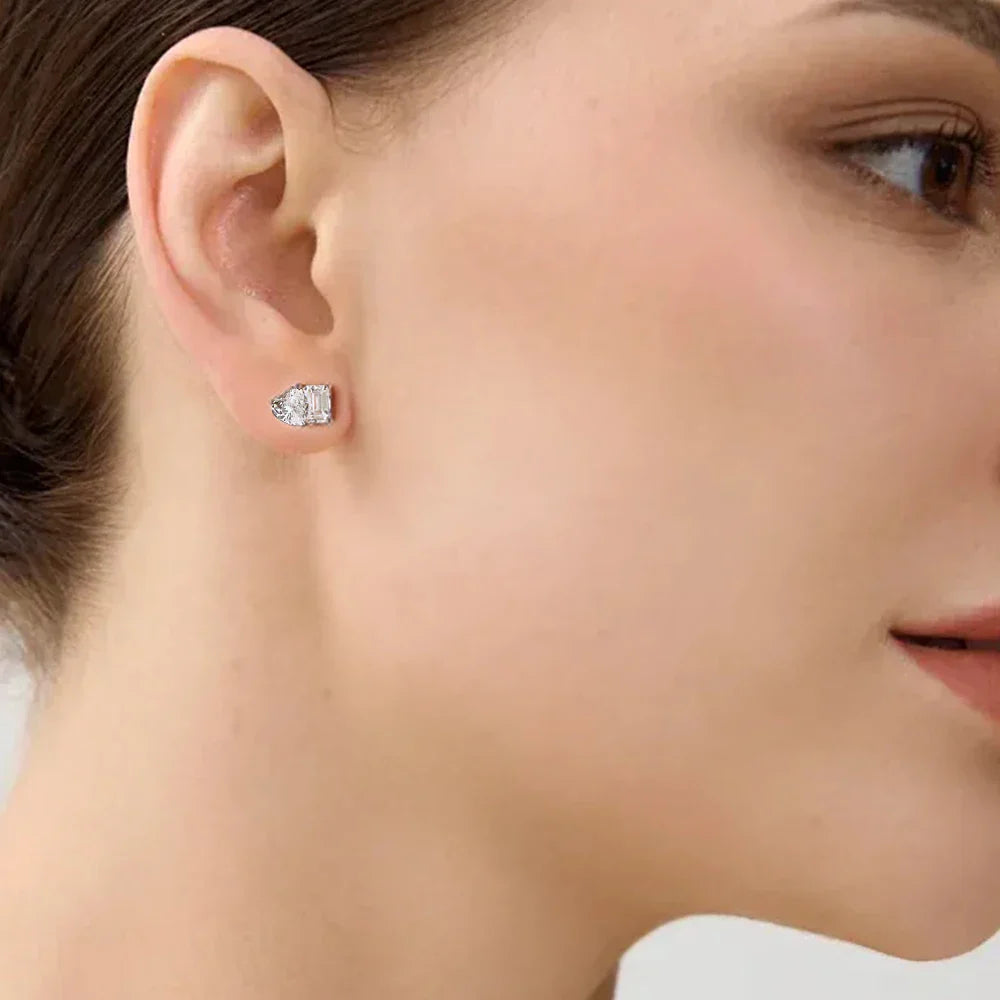 2-stone Heart Emerald Cut Moissanite Stud Earrings D Color Diamond with Certificates 925 Sterling Silver Ear Studs for Women