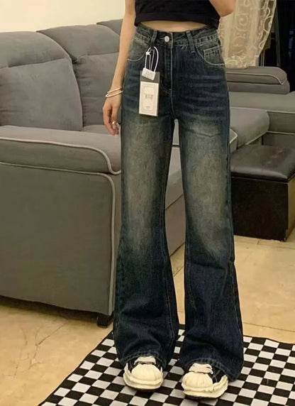Y2K Retro Micro Denim Pants For Women Straight Fit Spring-autumn Style Pear-shaped Figure Large Size High Waist Slimming Effect