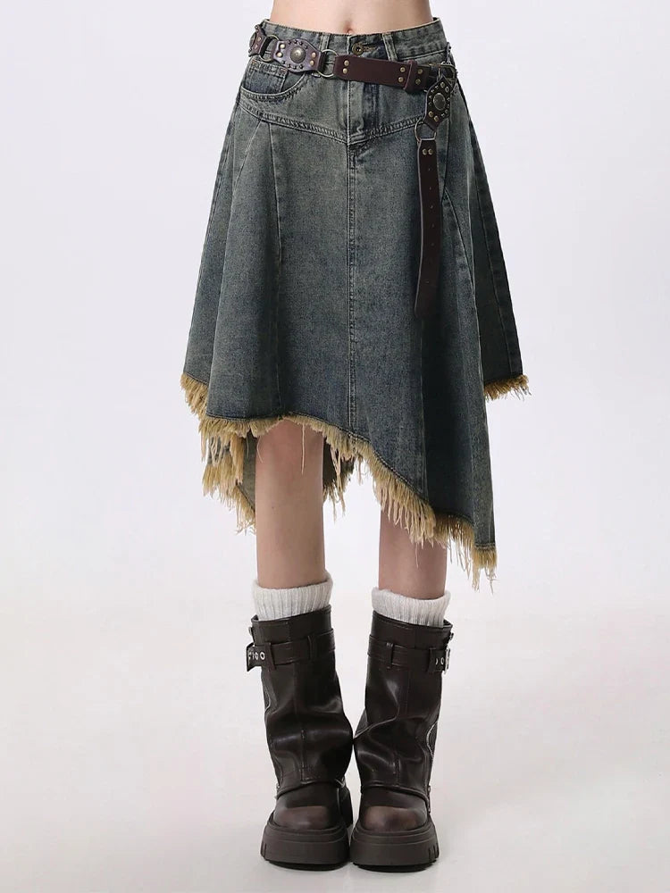 Summer Women Japanese Midi Skirt Denim Irregular Skirt A-line 2000s Abi Y2k Korean Shoujo E-girl Gyaru Tassels Skirt Cyber Punk