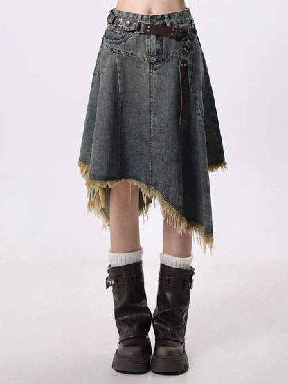 Summer Women Japanese Midi Skirt Denim Irregular Skirt A-line 2000s Abi Y2k Korean Shoujo E-girl Gyaru Tassels Skirt Cyber Punk