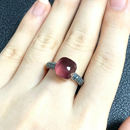 10.6mm Elegant Blue Topaz Zircon Ring Dual Tone Black Gun & Rose Gold 30 Colors Candy Crystal Jewelry Gift for Women