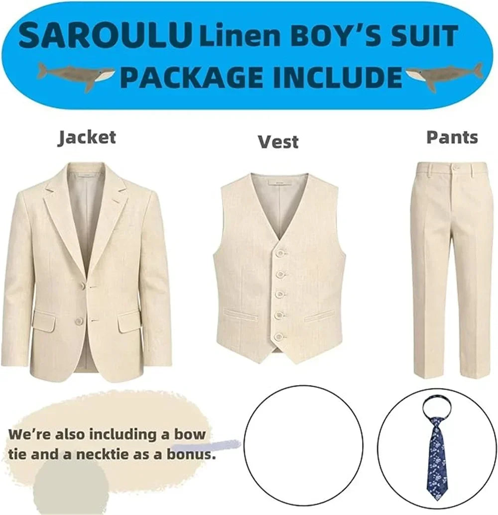 Ship Today Wedding Ring Bearer Page Boy Tuxedo Communion Suit Boy's Formal Linen Suit 4-Piece Jacket Vest Pants Tie Bowtie