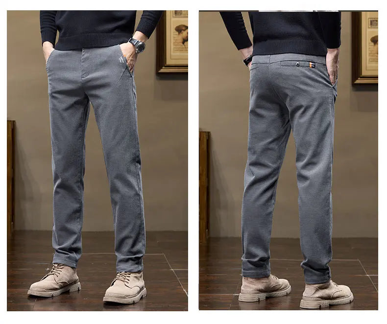Winter Thicken Men's Solid Slim Straight Casual Pants Business Classic Fleece Trousers Male Warm Plaid Elasticity Pants