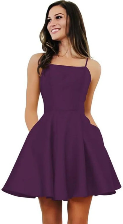 Short Homecoming Dresses for Teens With Pockets Spaghetti Straps Satin Prom Dress for Women A-line Knee Length Party Dress