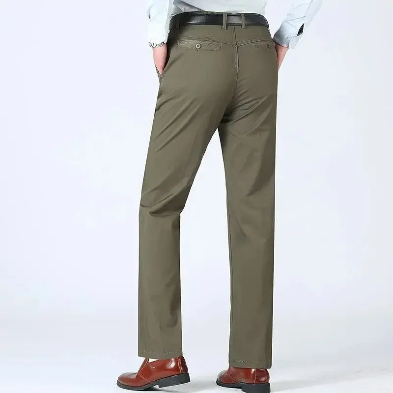 Summer Thin Autumn Thick 100% Cotton Straight Suit Pants Men's Loose Trousers Business Solid Green Casual Brand Clothes GOZBKF