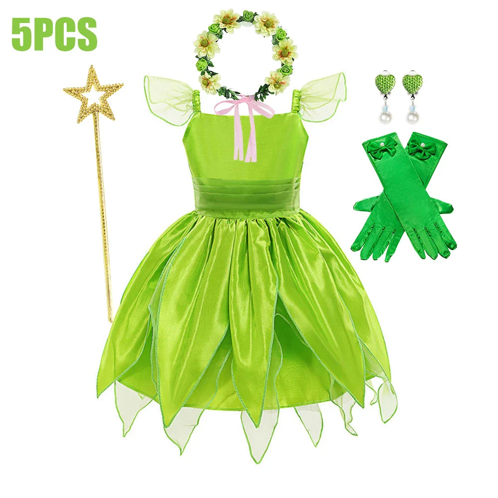 Kids Girl Cosplay Bell Costume Halloween Role Playing Green Dress Fancy Fairy Princess Cosplay Birthday Party Dresses Knee Lengt