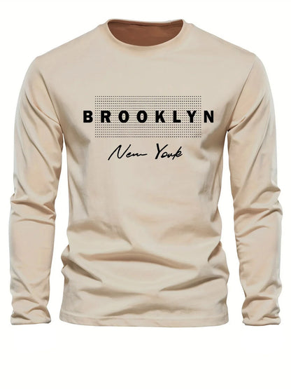 Brooklyn New York Printed Men's 100% Cotton Loose and Comfortable Sports and Leisure Round Neck Long Sleeve T-shirt Top