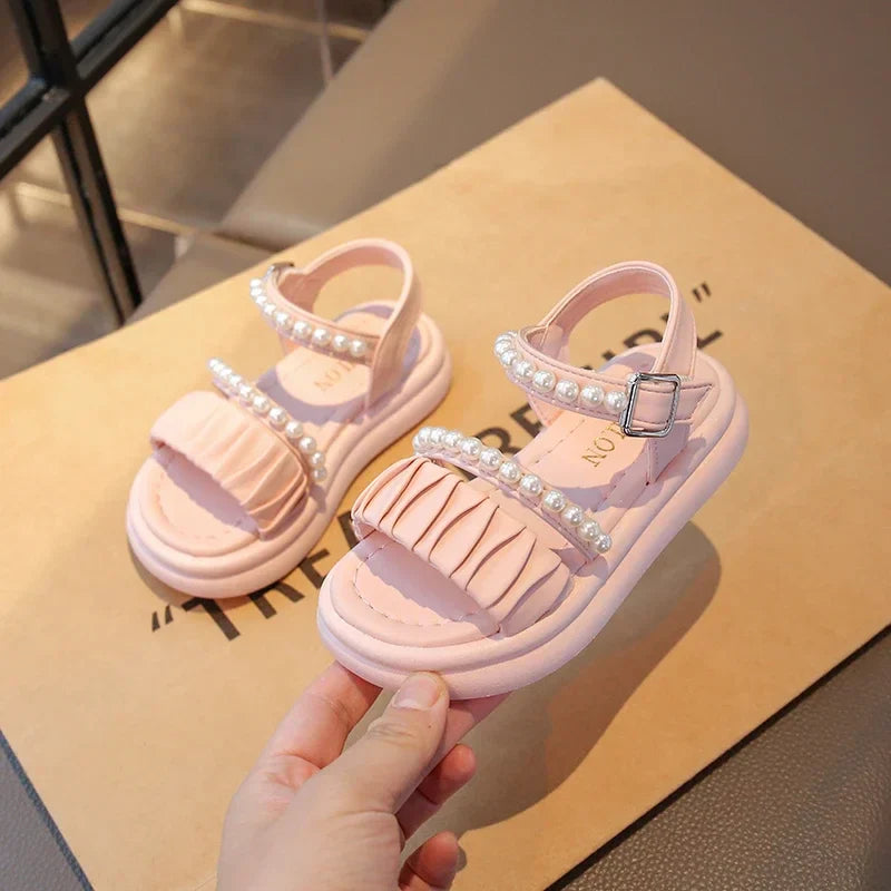 Girls Sandals Pleated Ins Trendy Kids Princess Shoes Beads Sweet Soft Sole 2025 Summer New Children Beach Shoes Open Toes Cute