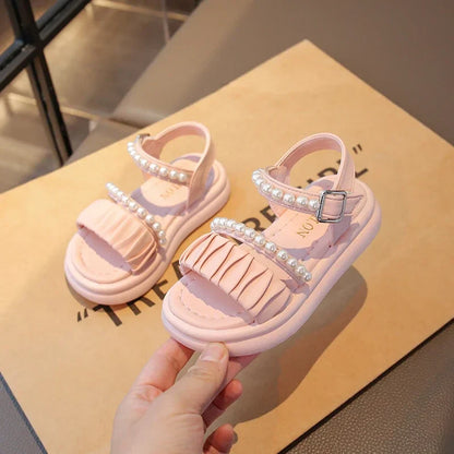 Girls Sandals Pleated Ins Trendy Kids Princess Shoes Beads Sweet Soft Sole 2025 Summer New Children Beach Shoes Open Toes Cute