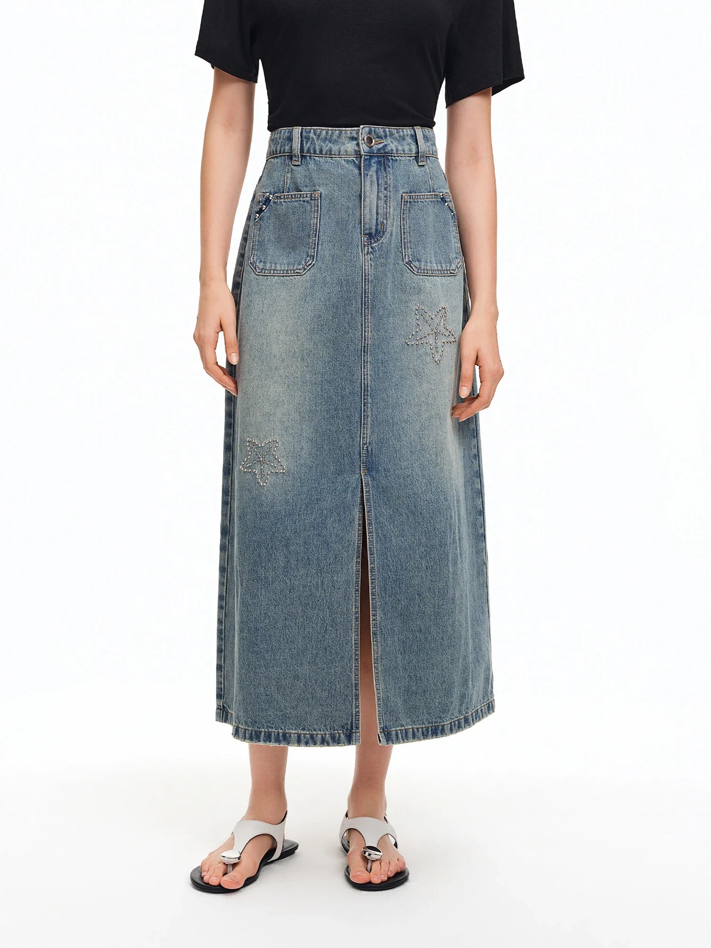 2026 Summer Women‘s Starfish Embroidered Denim Midi Skirt, Vintage A-Line Long Skirt Office Commute Versatile Daily Style