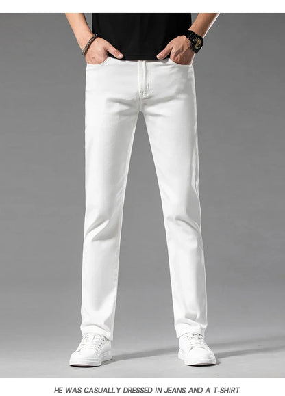 White Summer Men's Slim Jeans Classic Business Fashion High Quality Cotton Stretch Denim Pants Brand Trousers
