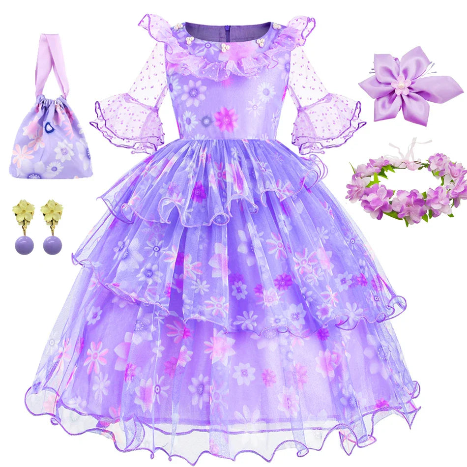 Encanto Isabela Costume Dress For Kids Girl Flare Sleeve Princess Dress Fiower Gown Halloween Christmas Birthday Party Outfits
