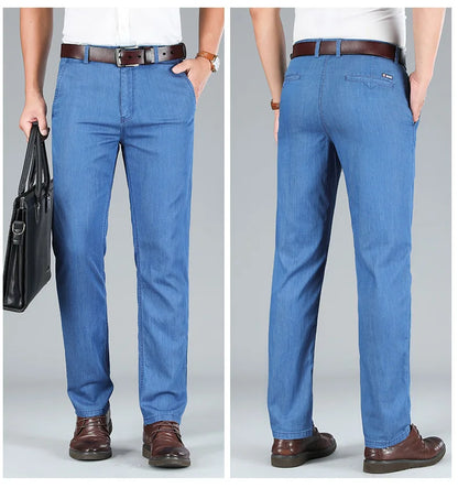 2026 Brand High Lyocell  Men's Fit Straight Lightweight Cotton Stretch Denim Business Casual High Waist Thin Light Grey Jeans