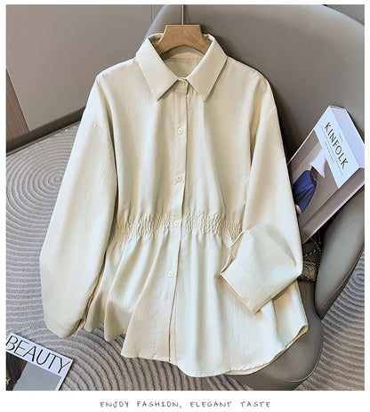 2026 Women's Plus Size Blouse Korean Style Spring Autumn Loose Elegant Casual Mid-length Tops Long Sleeved Waist Cinching Shirts