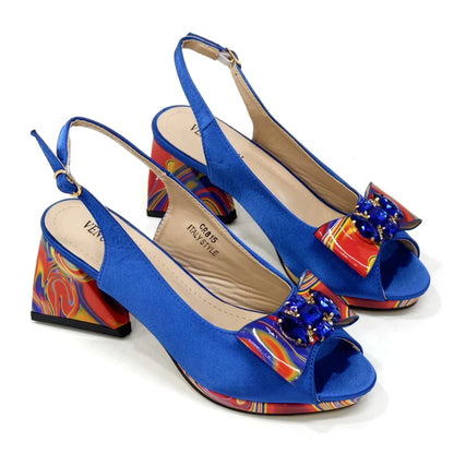 Fashion Purple Color Painted Rhinestones Elegant Peep Toe Sandals Shoes and Bag Set Italian Heels for Womens