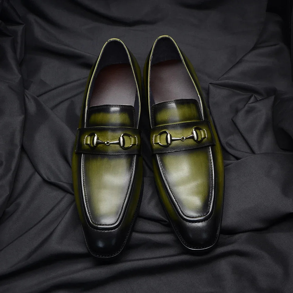European Classic Mens Wedding Dress Shoes Genuine Leather Horsebit Loafer Shoes Green Casual Business Party Formal Shoes for Men